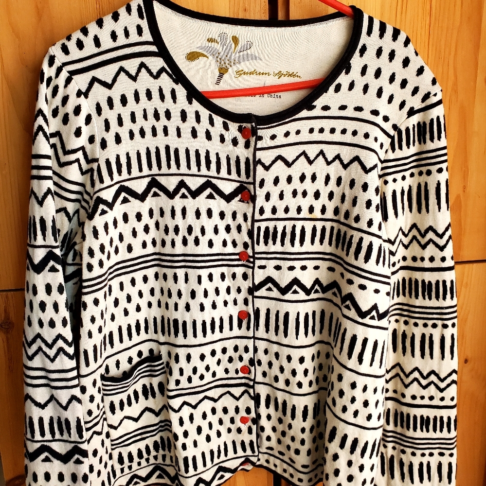 Gudrun Sjoden Black & Cream Print Cardigan Size Large.
